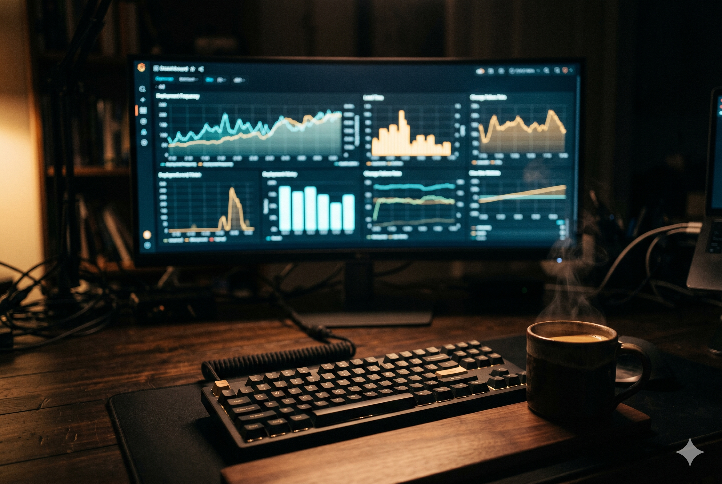 Mesa escura de desenvolvedor com monitor ultrawide exibindo gráficos de dashboard