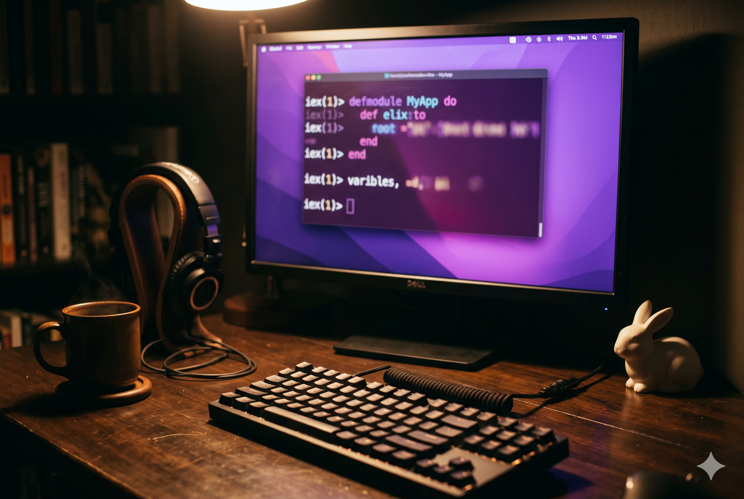 Mesa noturna iluminada por um terminal roxo rodando iex, com um coelho de cerâmica ao lado do teclado